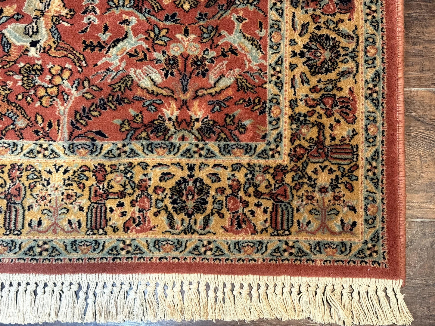 The Sporting Estate Antique Belgian Hunting Scene Rug — Red-Orange & Teal
