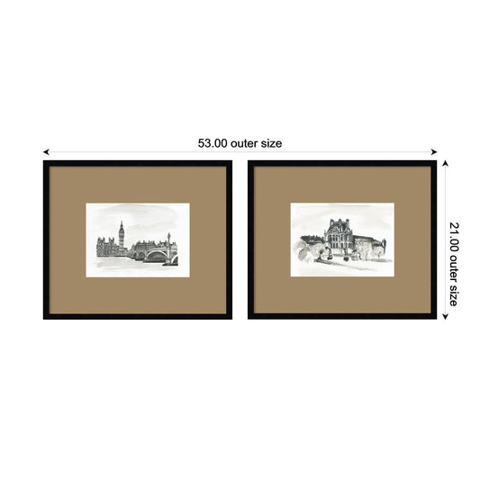Vintage Postcard London & Paris 2 Piece Framed Wall Art Print Set by Teju Reval Brown Mat