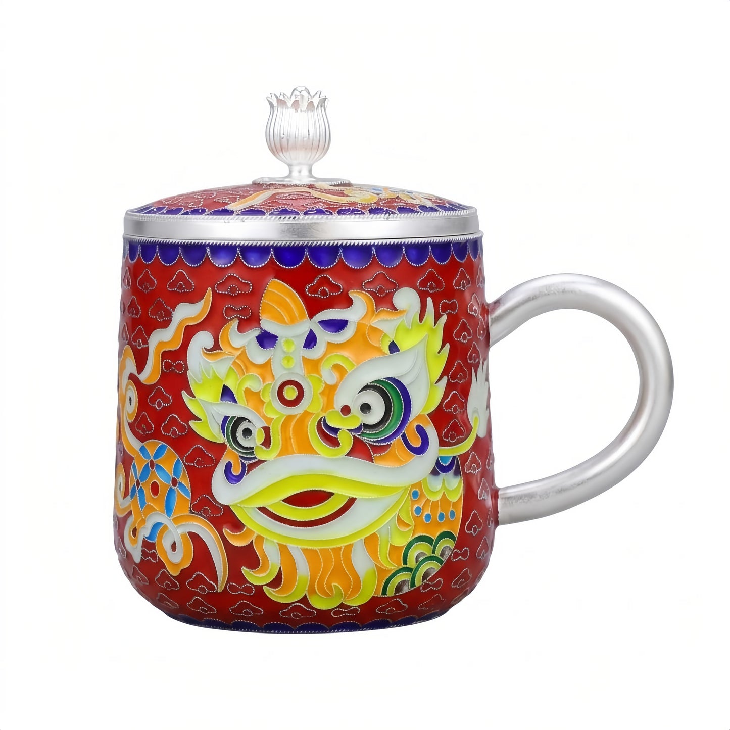 925 Sterling Silver Chinese Lion Dance Themed Ceramic Mug with  Accents-Premium Indigo Tea Mug - Handicraft