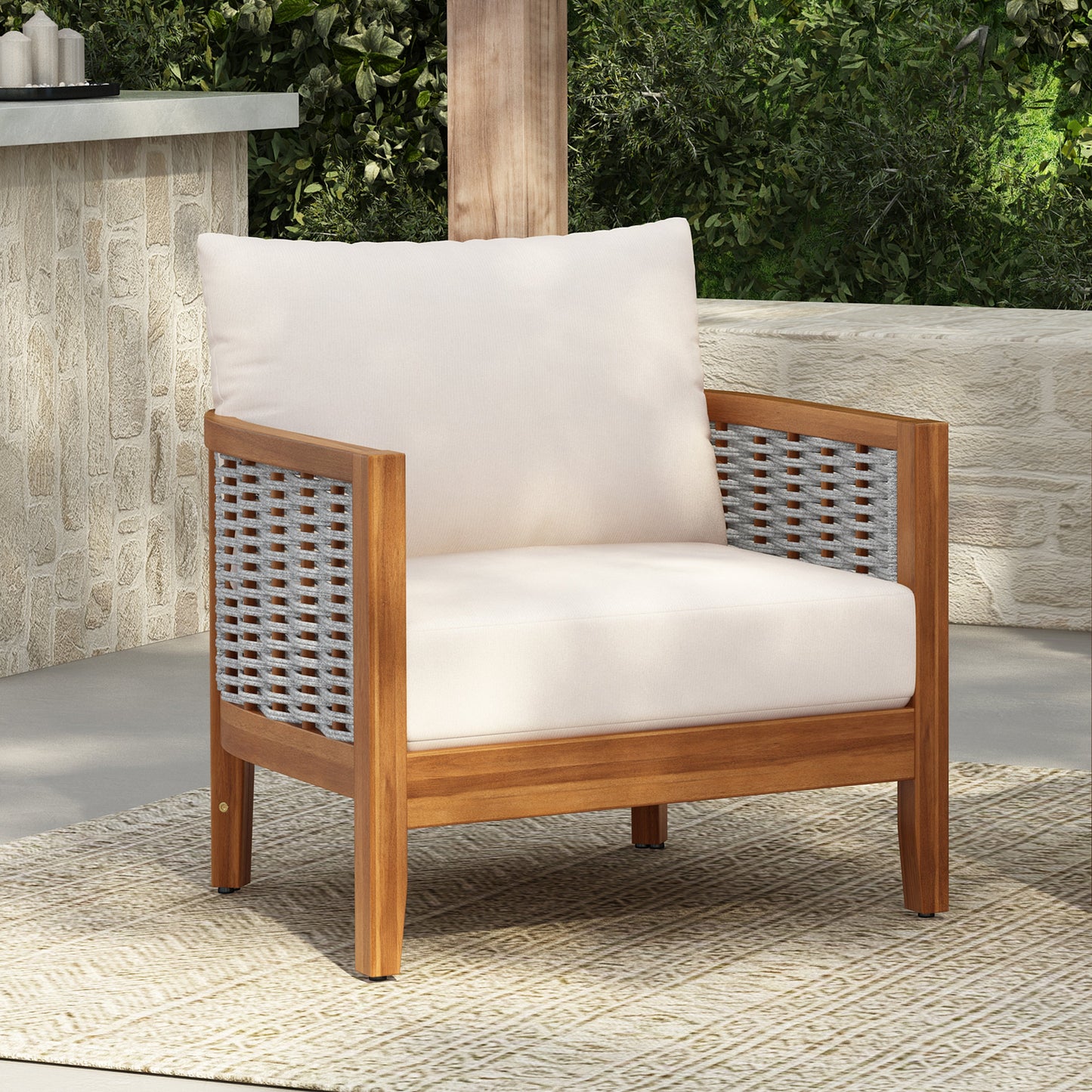 Outdoor Tub Design Armchair with Acacia Wood Teak Finish Beige Cushions