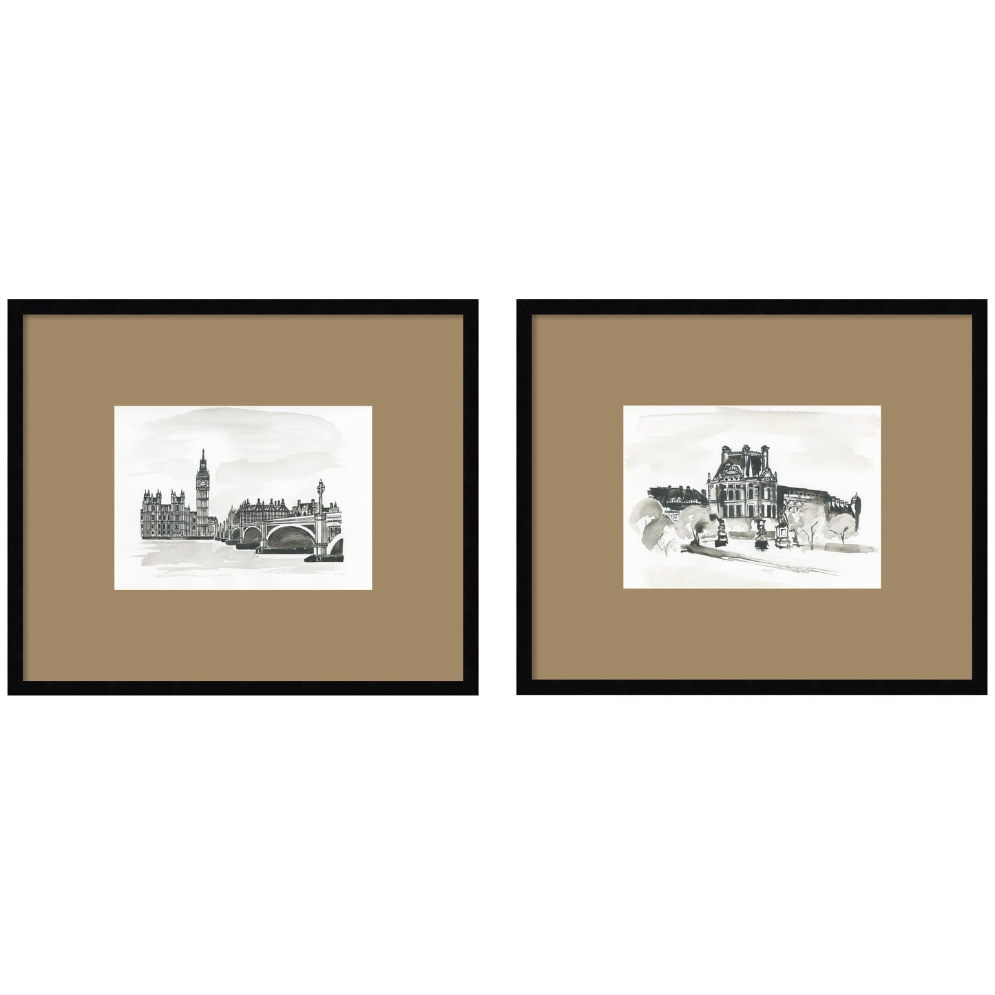 Vintage Postcard London & Paris 2 Piece Framed Wall Art Print Set by Teju Reval Brown Mat