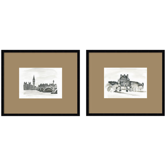 Vintage Postcard London & Paris 2 Piece Framed Wall Art Print Set by Teju Reval Brown Mat