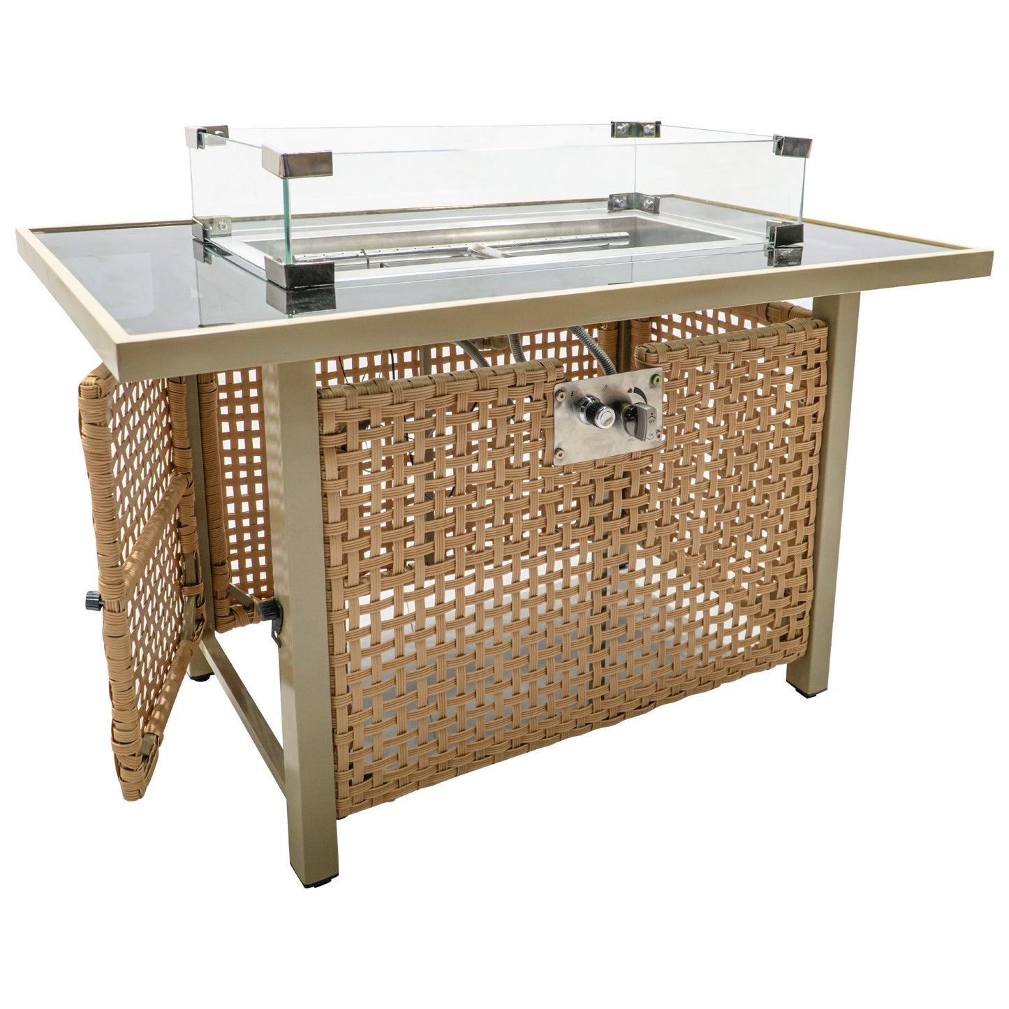 K&K 43' Rattan, Steel and Glass Propane Gas Fire Pit Table