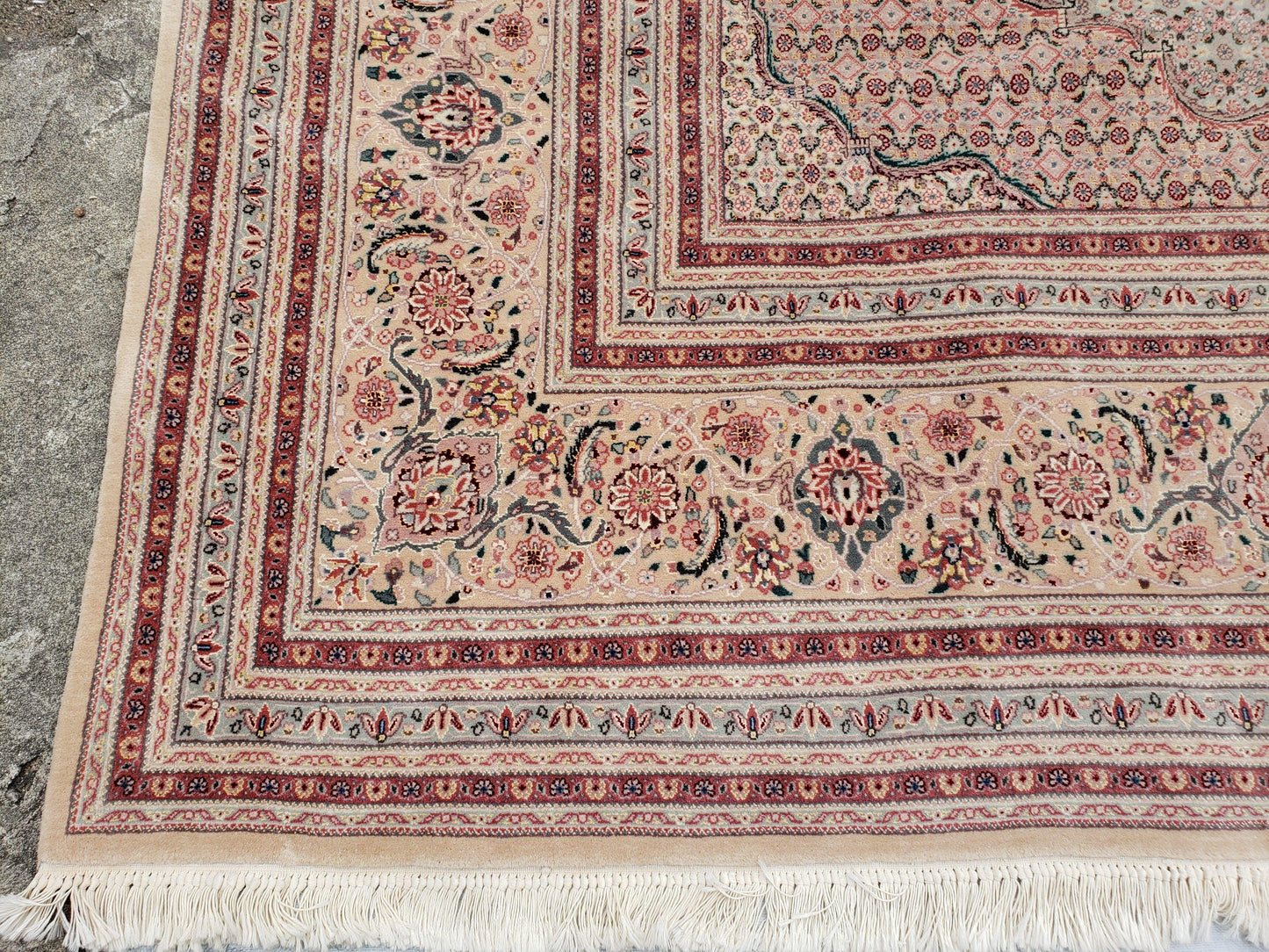 Stunning Oversized Pak Persian Oriental Rug 12x15, Hand Knotted Wool & Silk Palace Sized Carpet, Mahi Pattern, Very Fine, Peach Beige, Wow