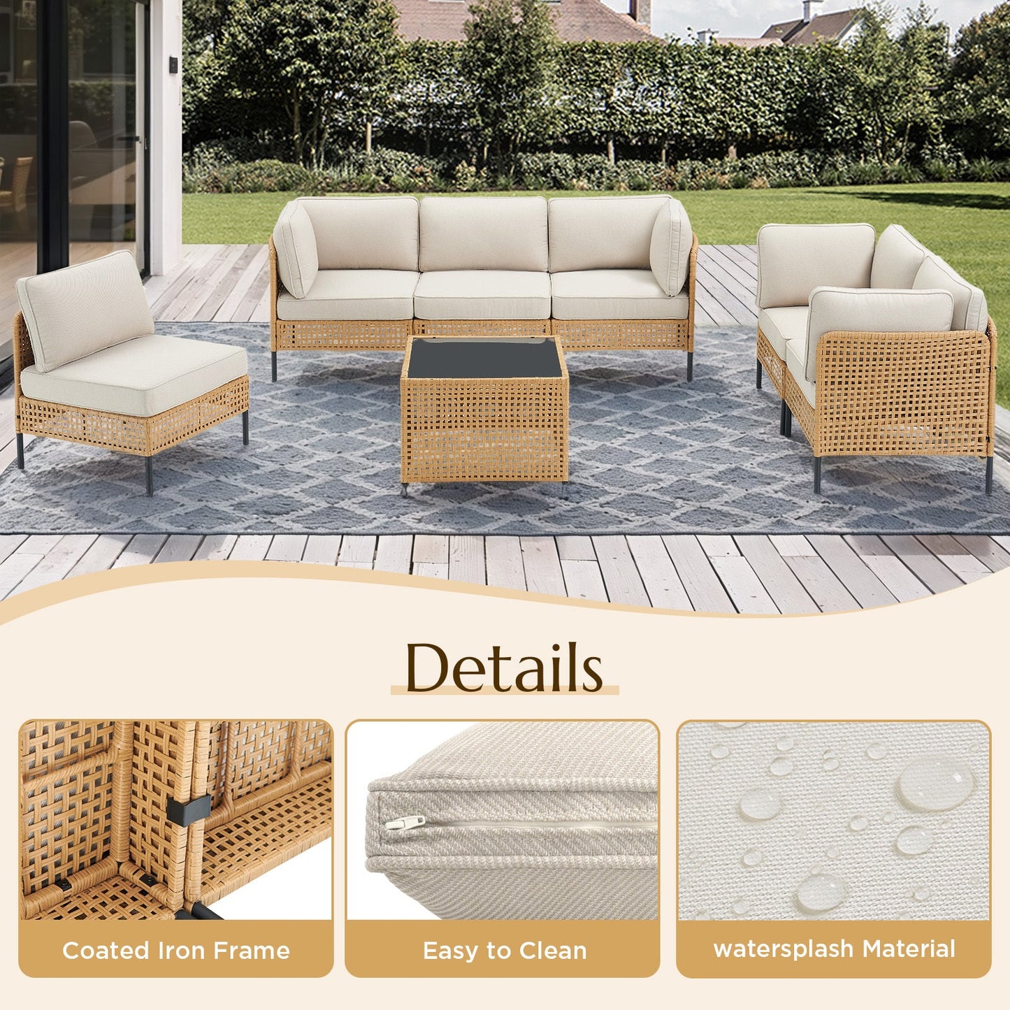 Outdoor Wicker Sectional Sofa Boho Beige Cushions