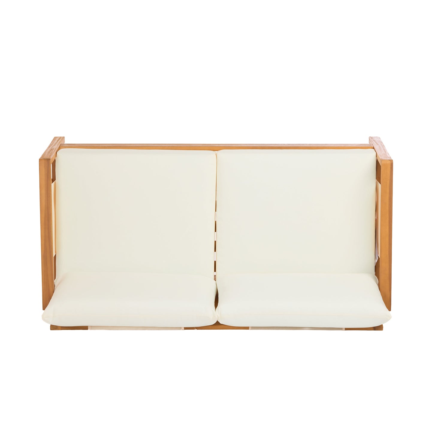 Outdoor Sofa Set Two Piece Acacia Wood Teak Finish Beige Cushions Coffee Table