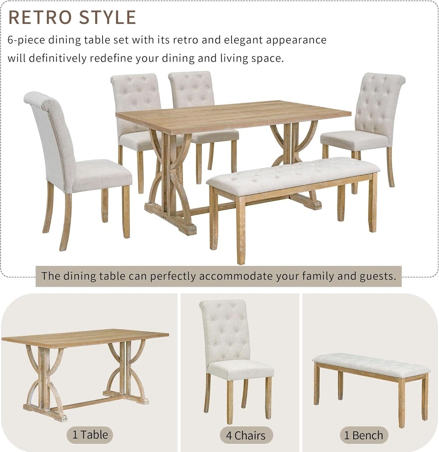 Industrial Solid Wood Rectangular Dining Table Set with Upholstered Seating Bench and Chairs