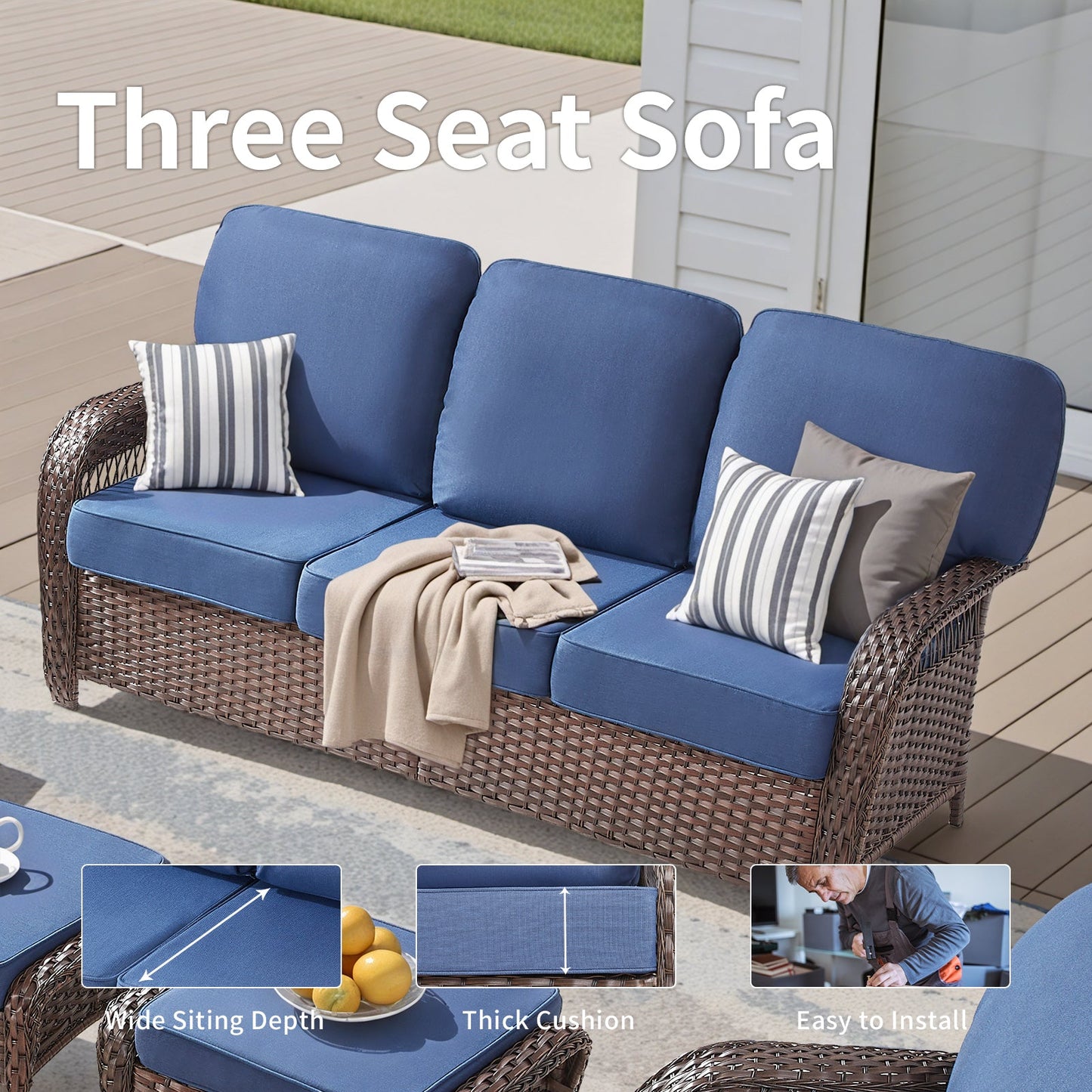 Outdoor Sofa PE Wicker Blue 3-Seat 75 in with T-Back Cushions