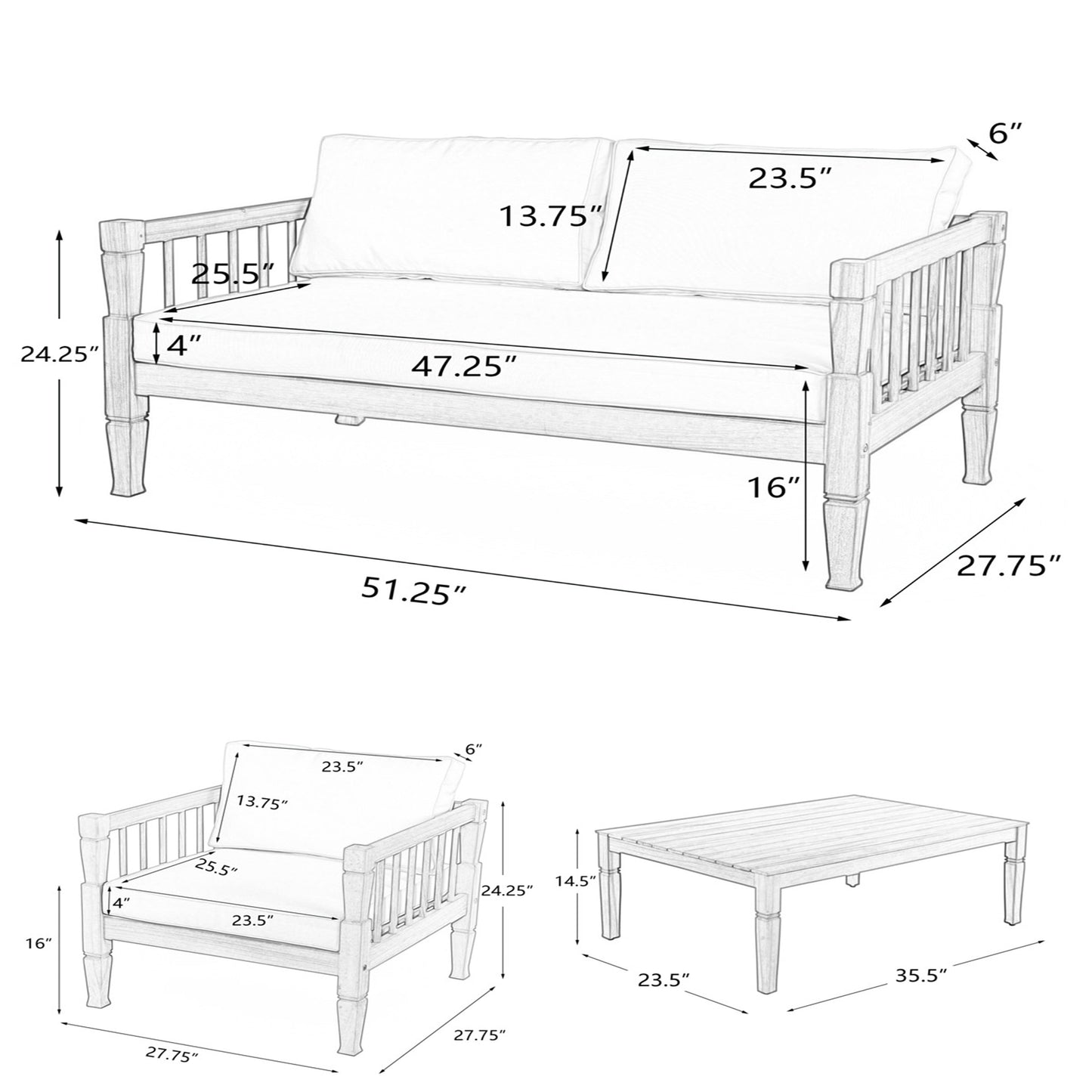 Patio Conversation Set 4-piece Teak Finish with Coffee Table and Cushions