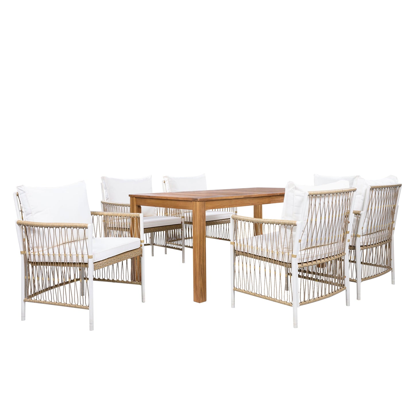 Patio Dining Set Rectangular, 67 Inch Wooden Table with 6 Rattan Armchairs