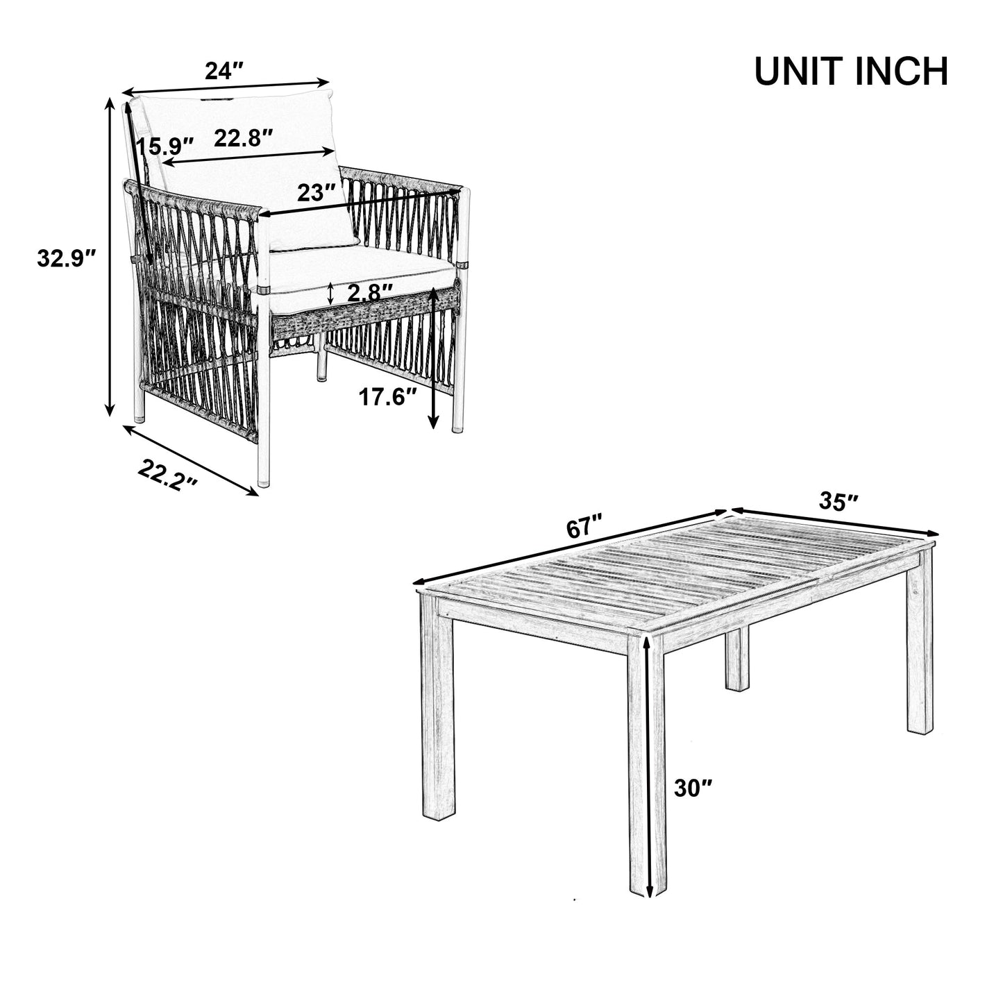 Patio Dining Set Rectangular, 67 Inch Wooden Table with 6 Rattan Armchairs