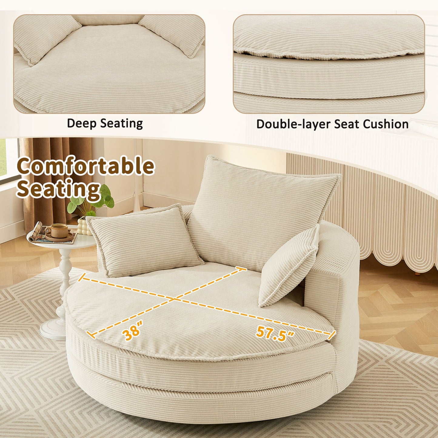 360° Swivel Accent Barrel Chair With Dual Layer Cushion And 3 Removable Pillows