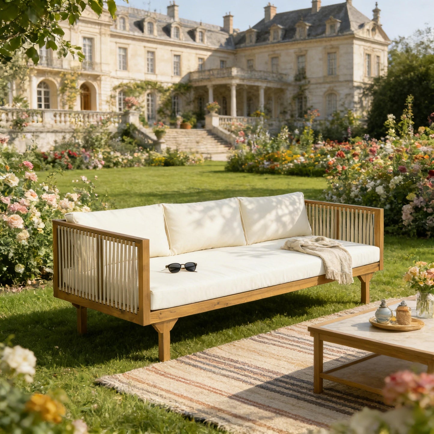 Outdoor Patio Sofa Rope Beige Cushions Teak Finish Acacia Wood