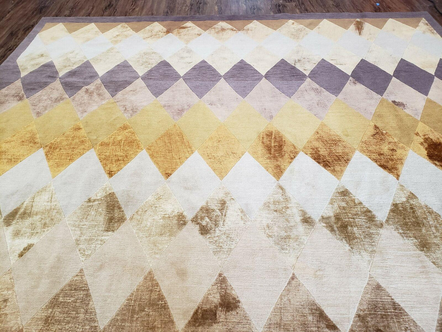 Modern Tibetan Rug 8.6 x 11, Wool and Silk, Multicolor, Diamond Panel Design