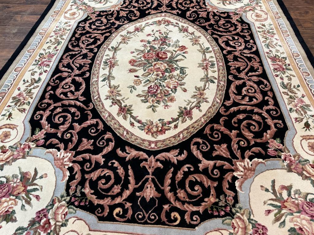 Aubusson Rug 8x10, Floral, Wool Pile, Elegant, European Design, Handmade, Fine