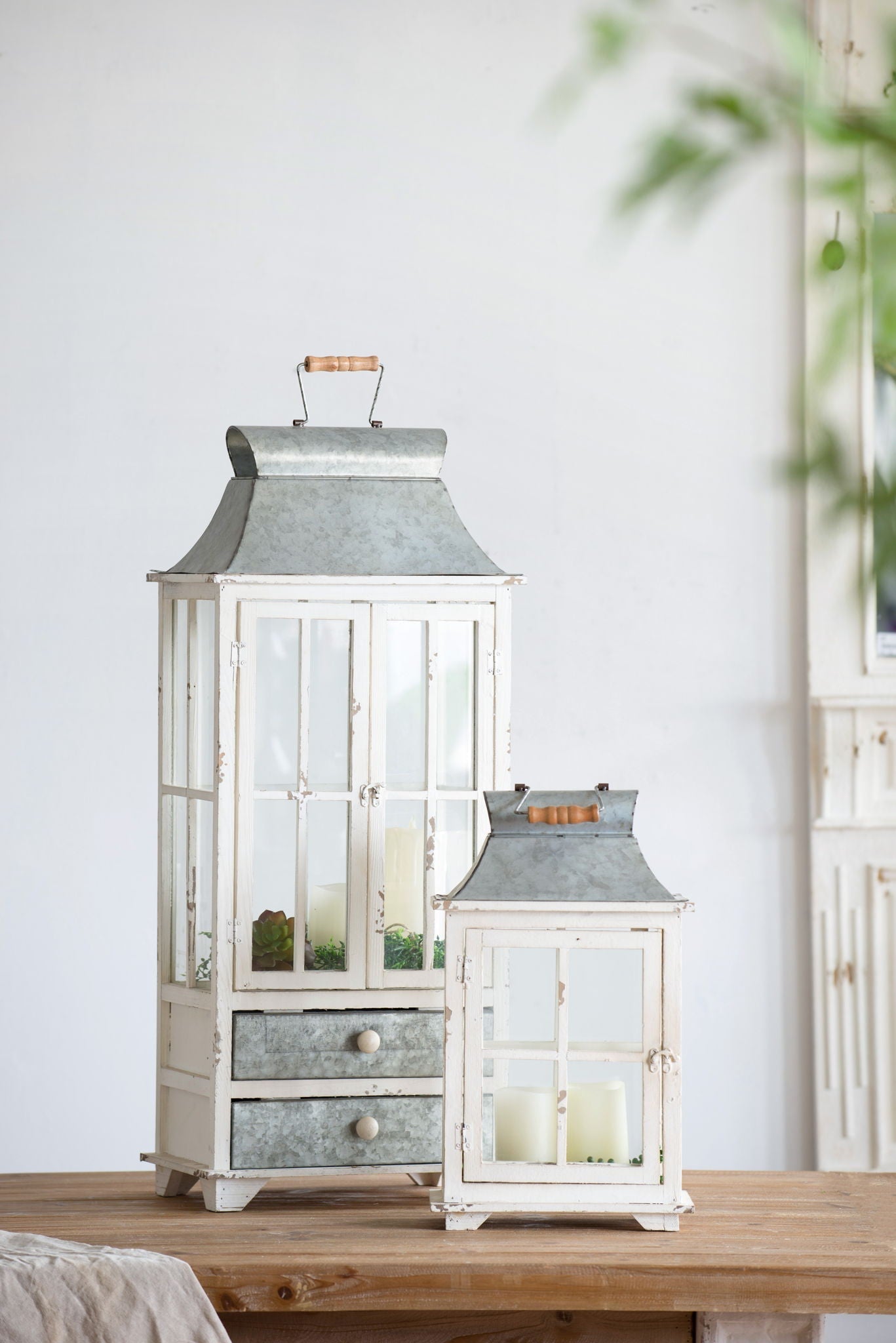 Ashford Ivory Wooden Hurricane Lantern Set