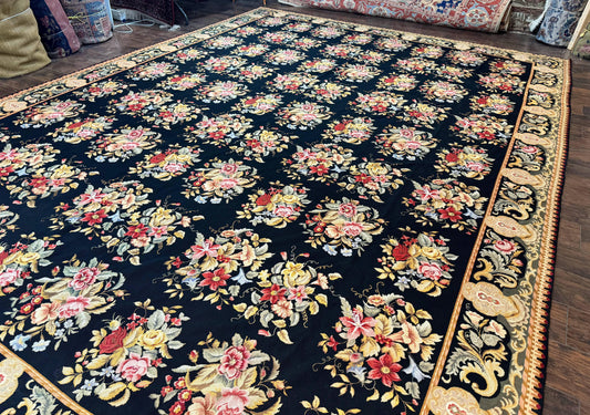 Palace Size Needlepoint Rug 12x16, Black and Colorful, Floral Panel, Handmade Oversized Wool Needlepoint Carpet, Rare