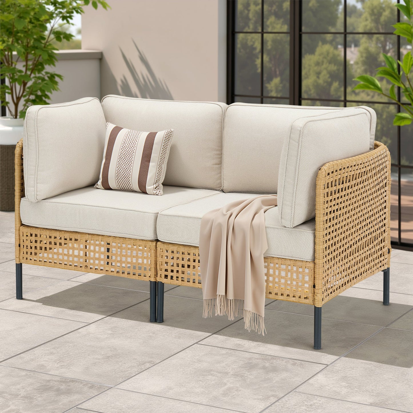 Outdoor Wicker Sectional Sofa Boho Beige Cushions