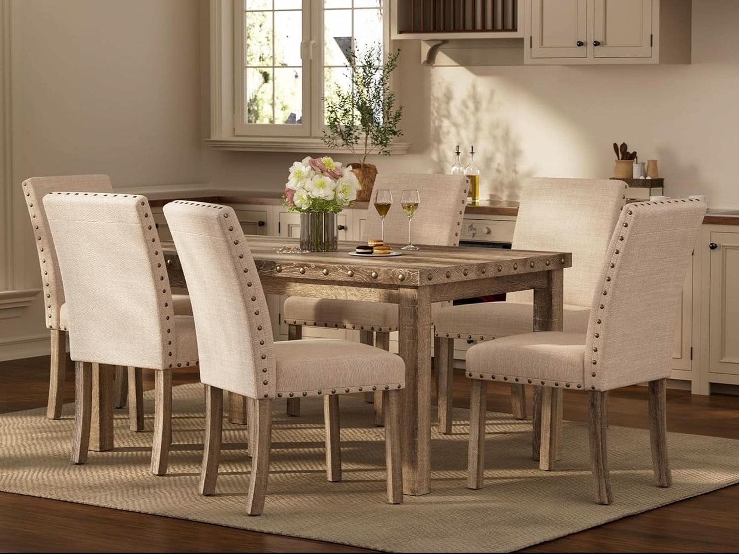 Rustic Dining Table Set Six NailheadAccents Chairs