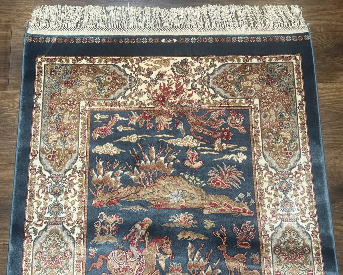 The Sporting Estate Turkish Hunting Scene Rug — Dark Steel Blue &amp; Ivory