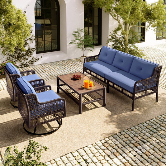 Blue Wicker Outdoor Patio Conversation Set with Swivel Chairs – 4 Piece Seating Collection
