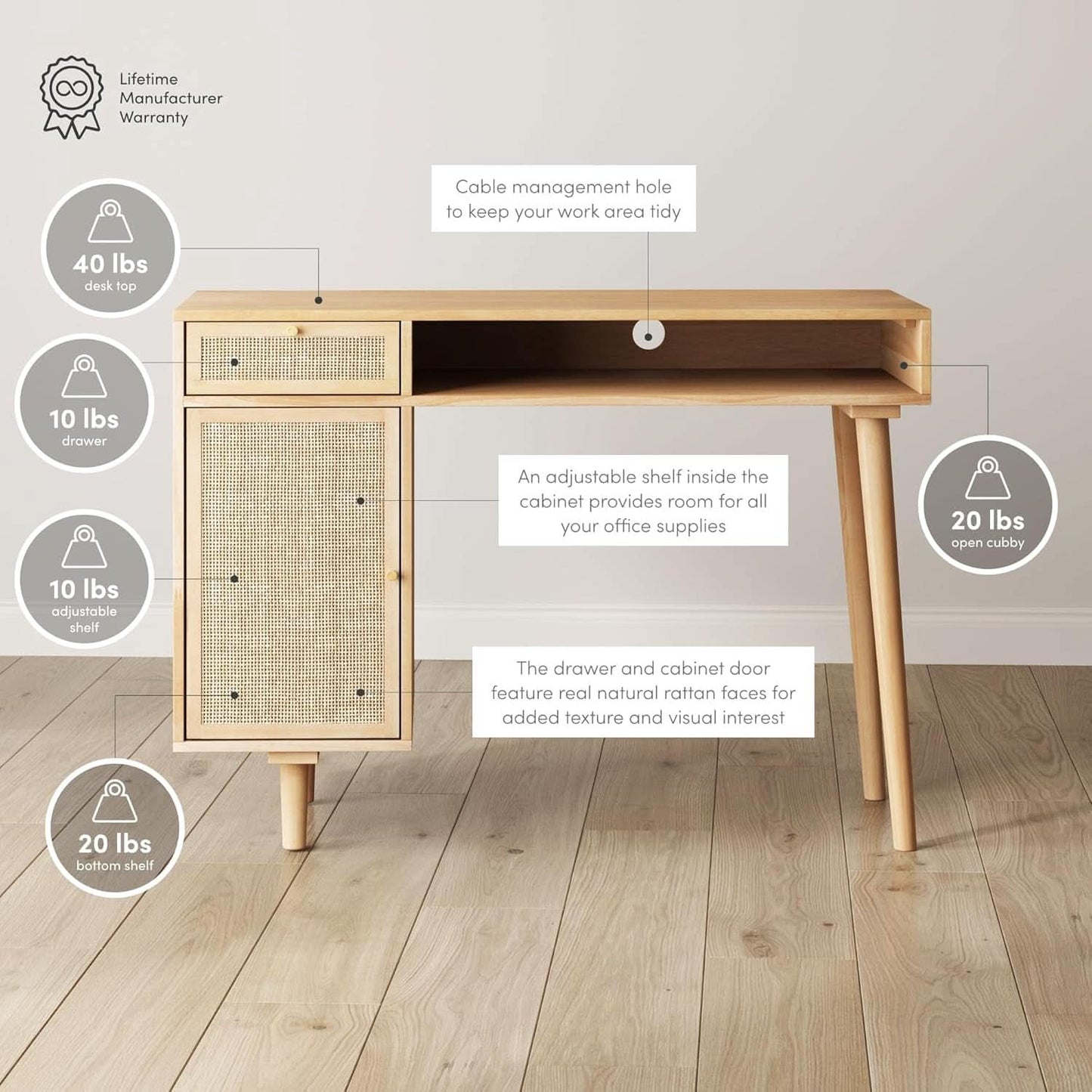 Aaron Modern Desk With Storage In Natural Brown Rattan