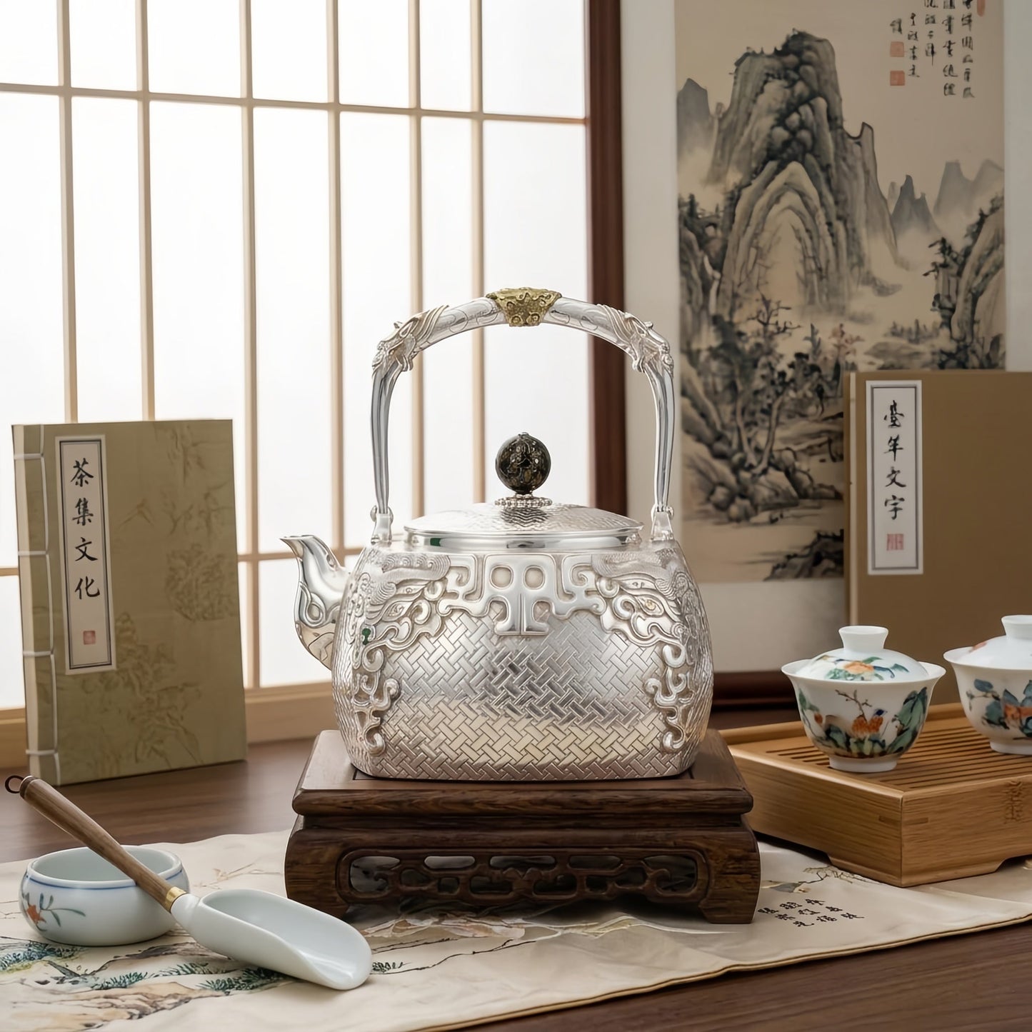 Pure 999 Fine Silver Elegant Handcrafted Silver Teapot Featuring Intricate Basketweave Texture and Traditional Oriental Filigree Accents - Handicraft