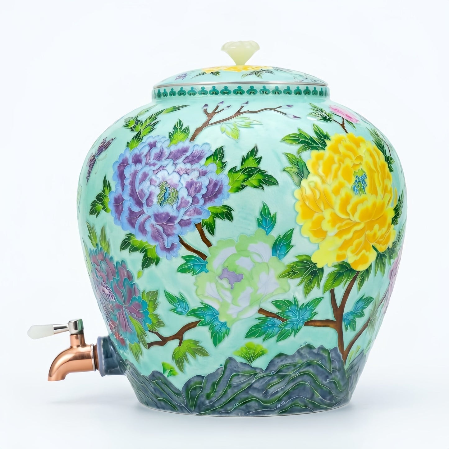 Pure 999 Fine Silver Elegant Floral Porcelain Water Dispenser with Decorative Lid and Metallic Tap - Handicraft