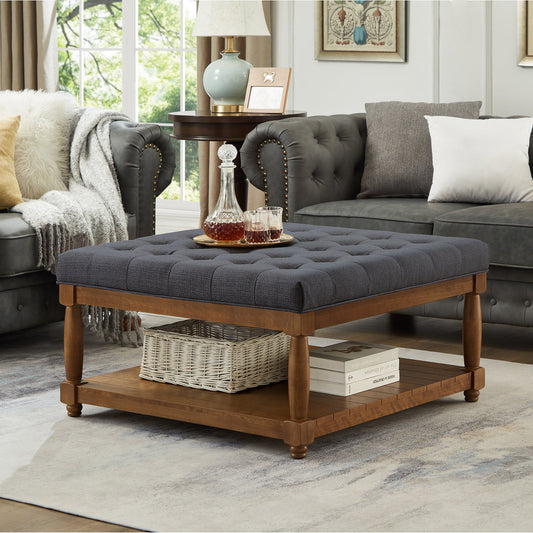 Large Square Upholstered Tufted Linen Ottoman Coffee Table, Charcoal