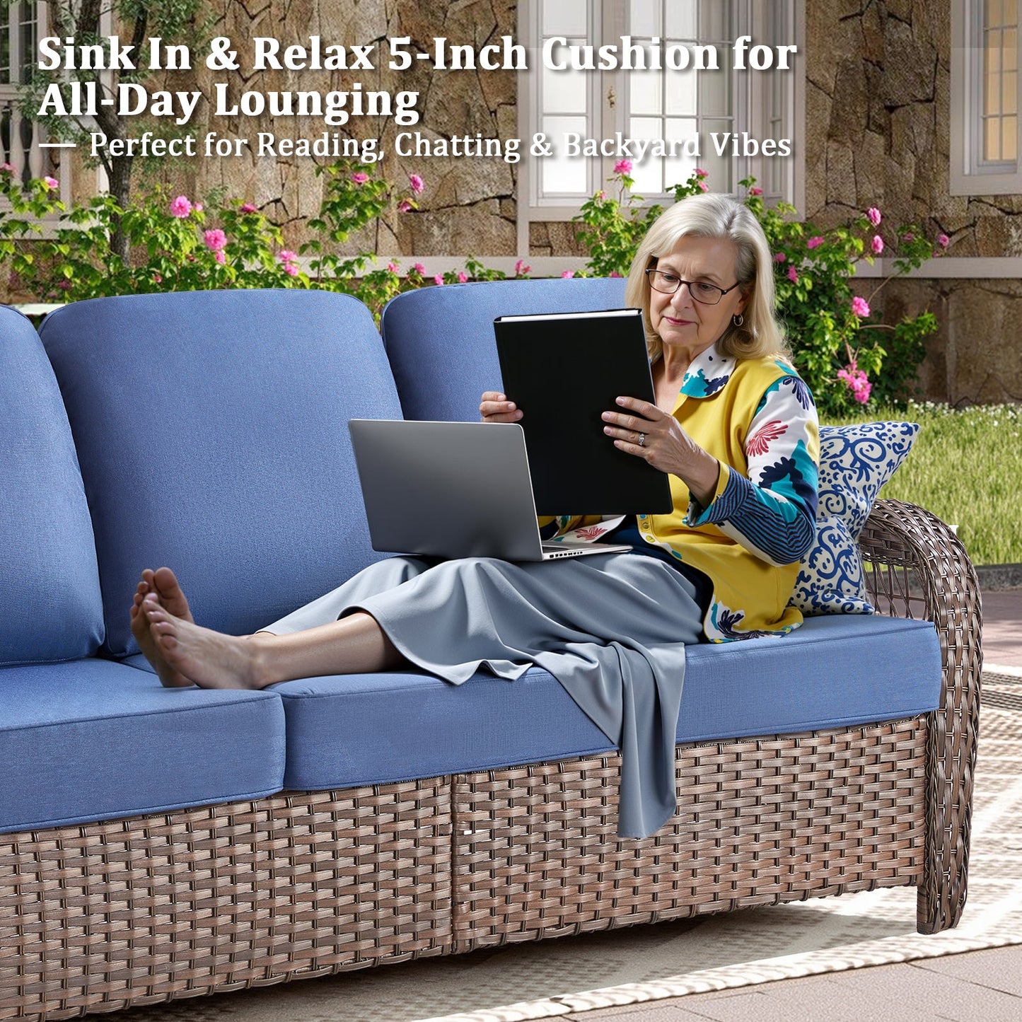 Outdoor Sofa PE Wicker Blue 3-Seat 75 in with T-Back Cushions