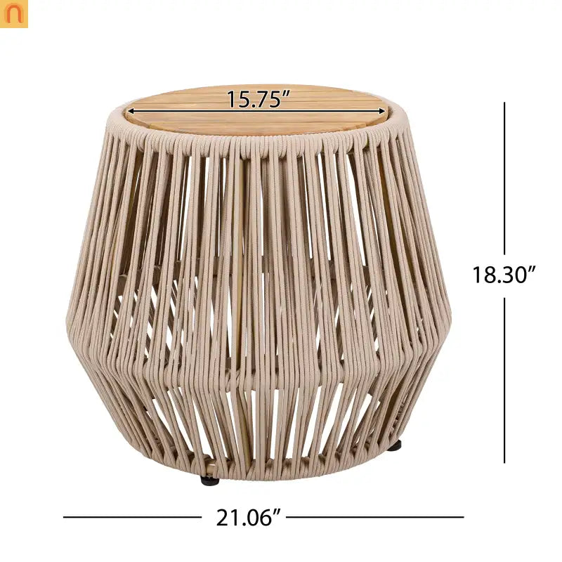Acacia Wood Side Table Modern Coastal Beige Rope Base Light Teak Finish
