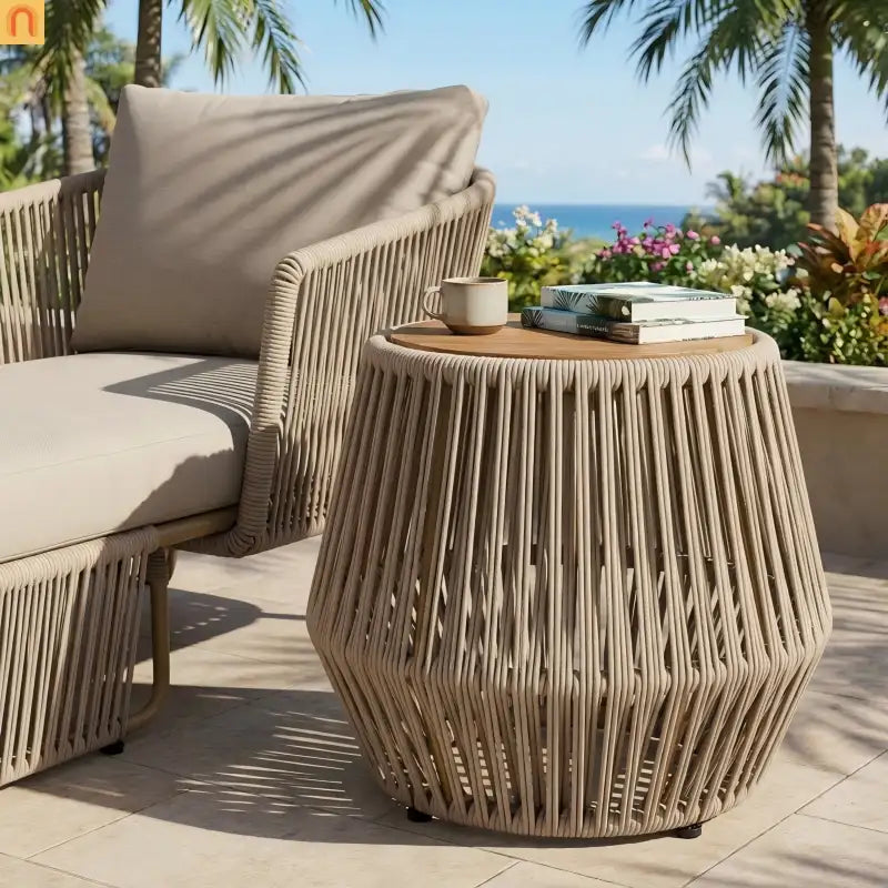 Acacia Wood Side Table Modern Coastal Beige Rope Base Light Teak Finish