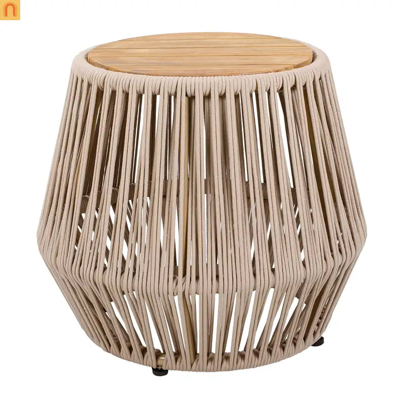 Acacia Wood Side Table Modern Coastal Beige Rope Base Light Teak Finish