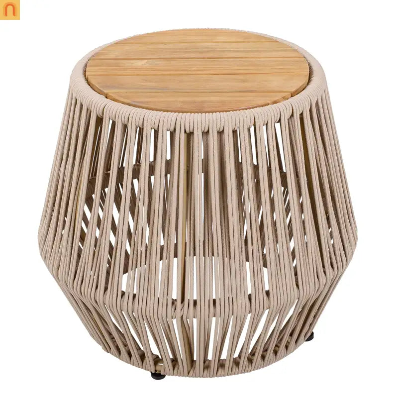 Acacia Wood Side Table Modern Coastal Beige Rope Base Light Teak Finish