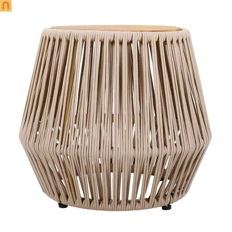 Acacia Wood Side Table Modern Coastal Beige Rope Base Light Teak Finish