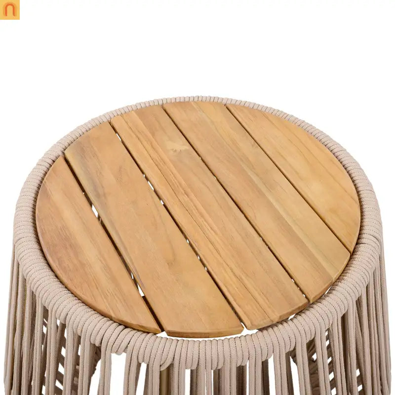 Acacia Wood Side Table Modern Coastal Beige Rope Base Light Teak Finish
