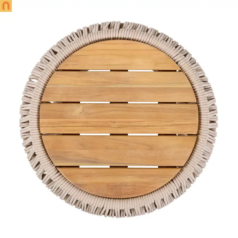 Acacia Wood Side Table Modern Coastal Beige Rope Base Light Teak Finish