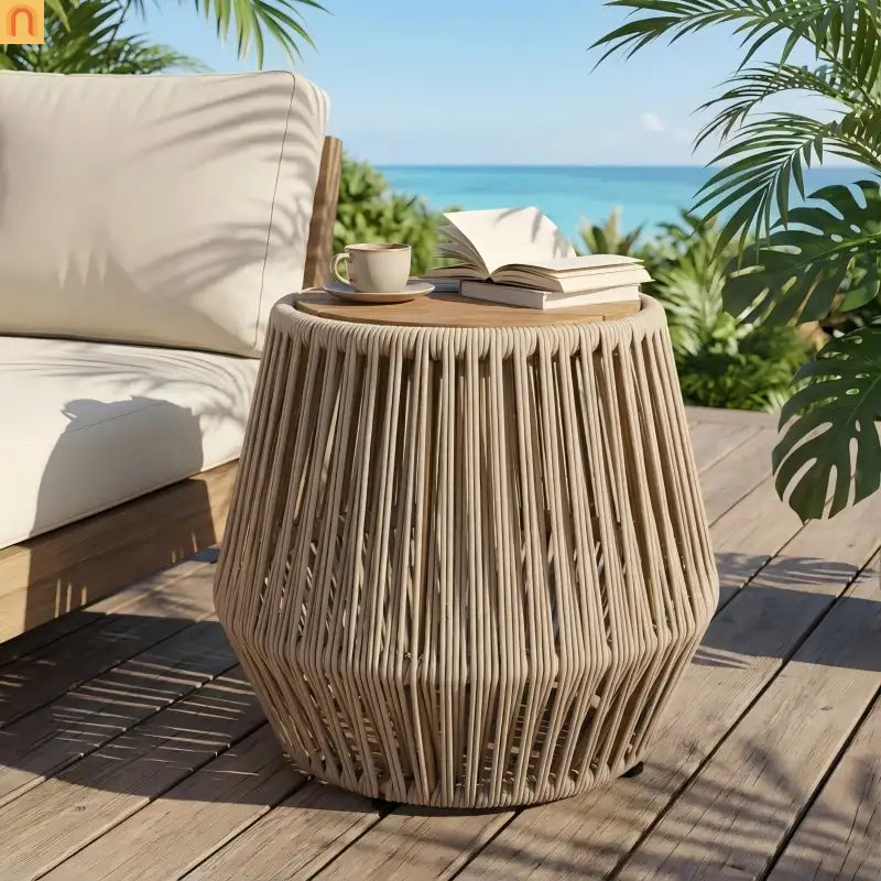 Acacia Wood Side Table Modern Coastal Beige Rope Base Light Teak Finish