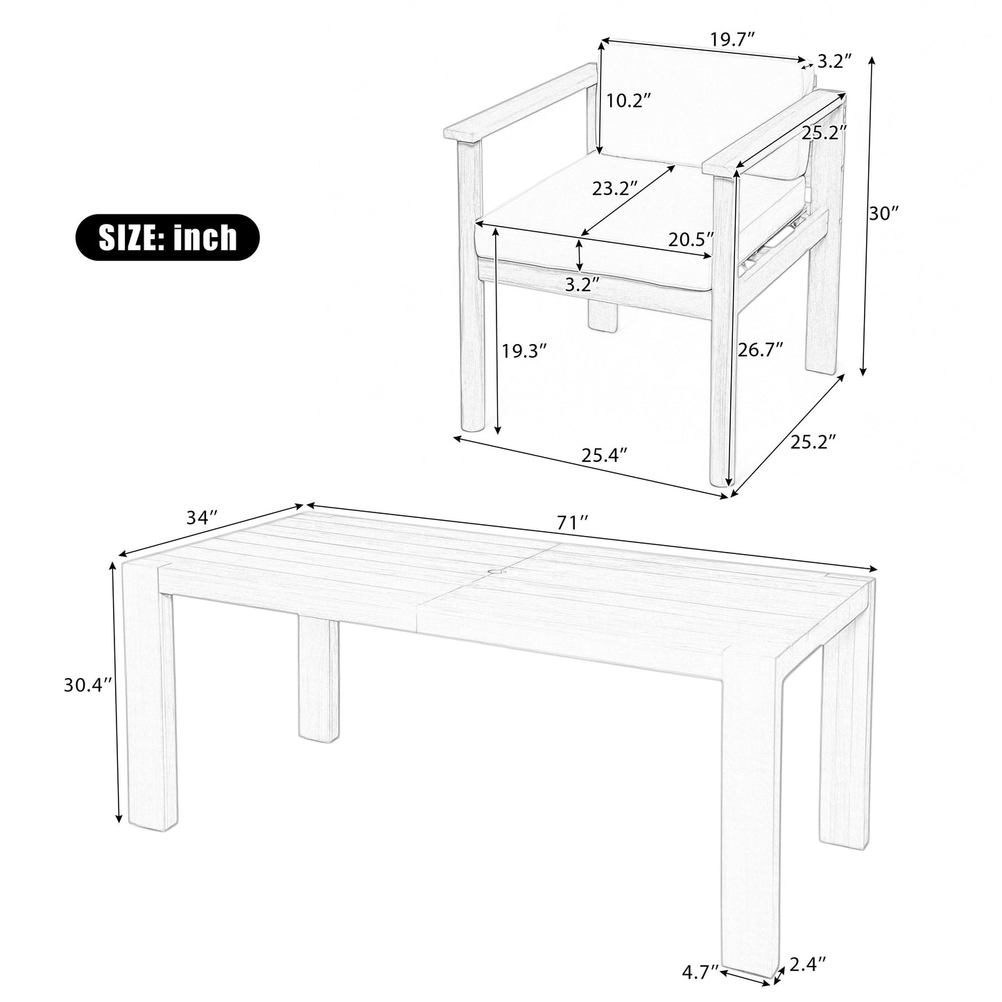 Patio Set Rectangle Light Teak with Removable Cushions for 6 72.8 Inch Table