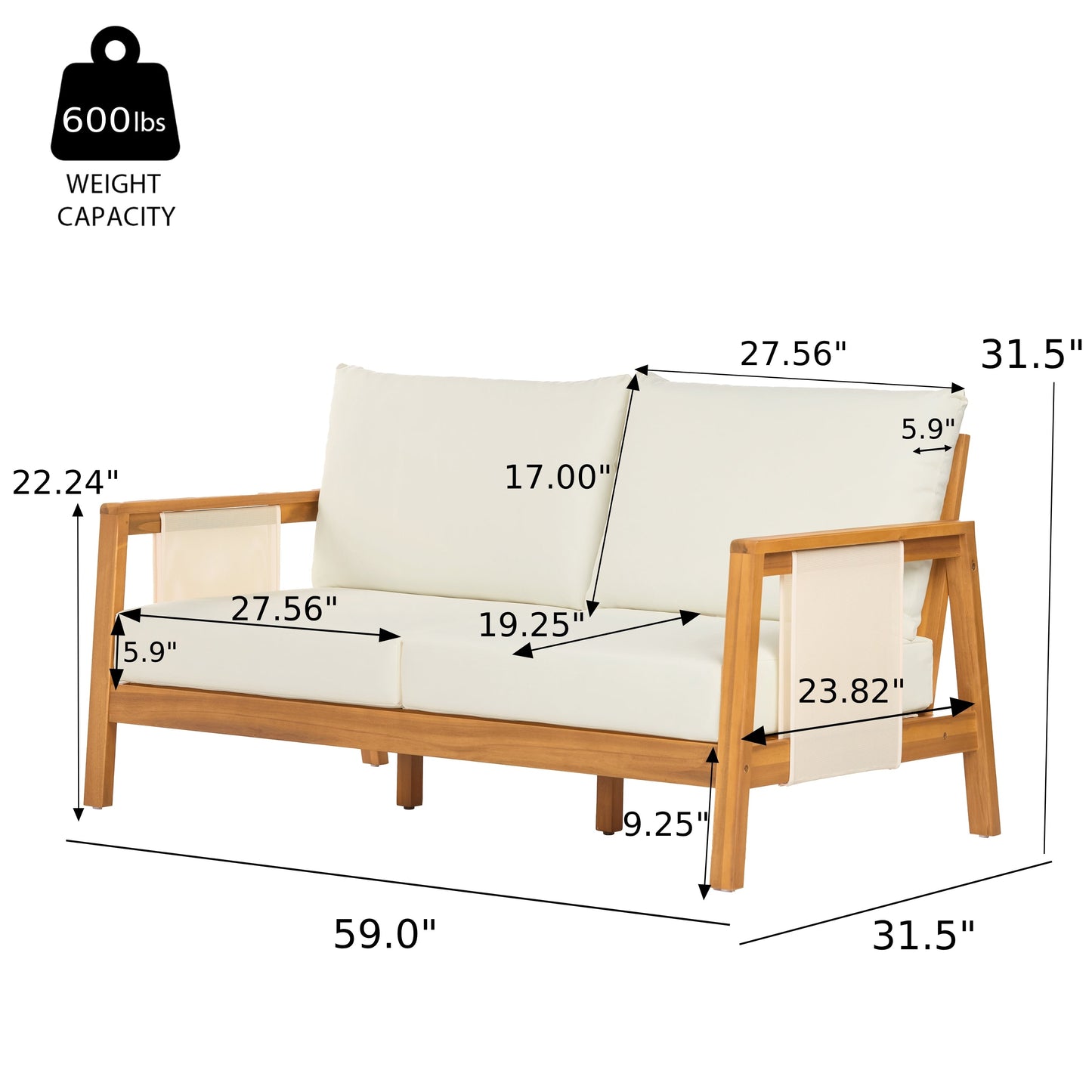 Outdoor Sofa Set Two Piece Acacia Wood Teak Finish Beige Cushions Coffee Table