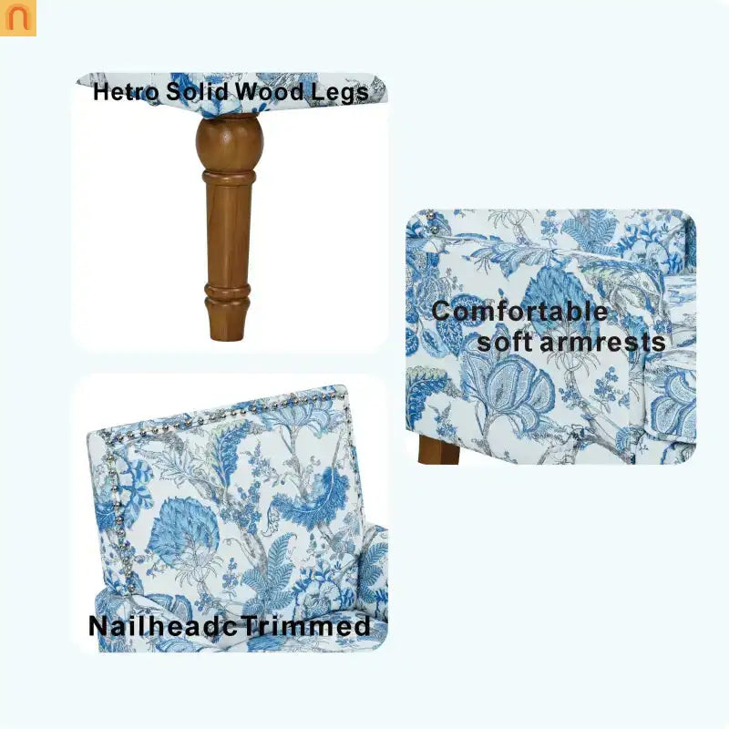 Accent Chair Farmhouse Floral Upholstery Blue and White Nailhead Trim 28.5in l