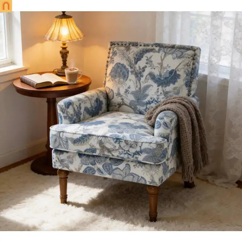 Accent Chair Farmhouse Floral Upholstery Blue and White Nailhead Trim 28.5in l