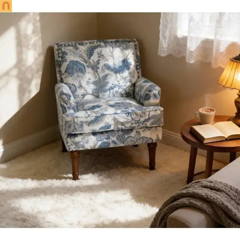 Accent Chair Farmhouse Floral Upholstery Blue and White Nailhead Trim 28.5in l