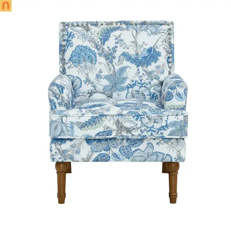 Accent Chair Farmhouse Floral Upholstery Blue and White Nailhead Trim 28.5in l