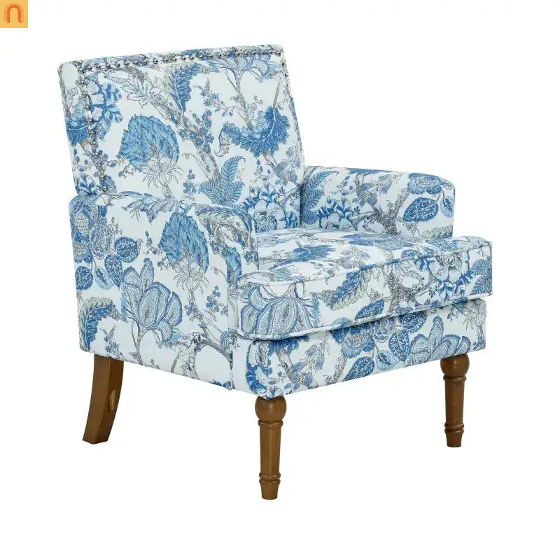 Accent Chair Farmhouse Floral Upholstery Blue and White Nailhead Trim 28.5in l