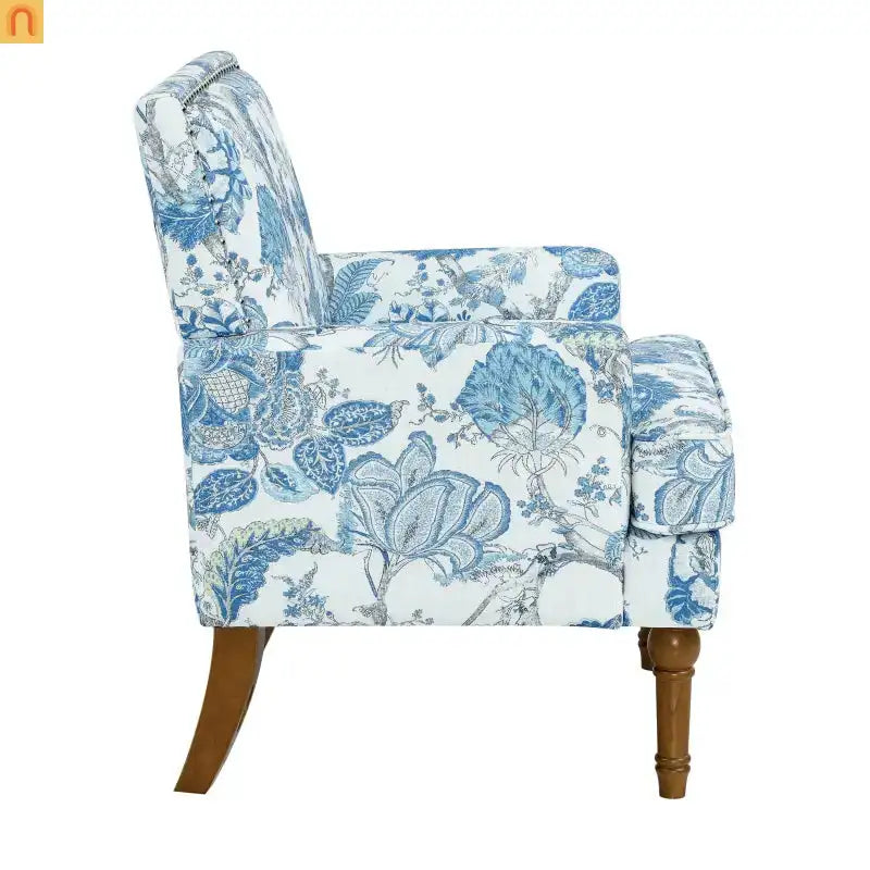 Accent Chair Farmhouse Floral Upholstery Blue and White Nailhead Trim 28.5in l