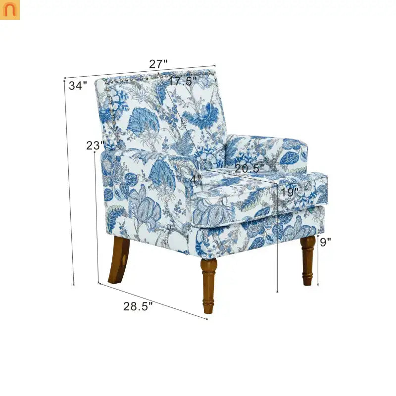Accent Chair Farmhouse Floral Upholstery Blue and White Nailhead Trim 28.5in l