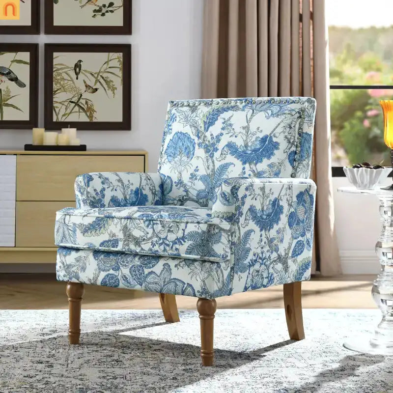 Accent Chair Farmhouse Floral Upholstery Blue and White Nailhead Trim 28.5in l