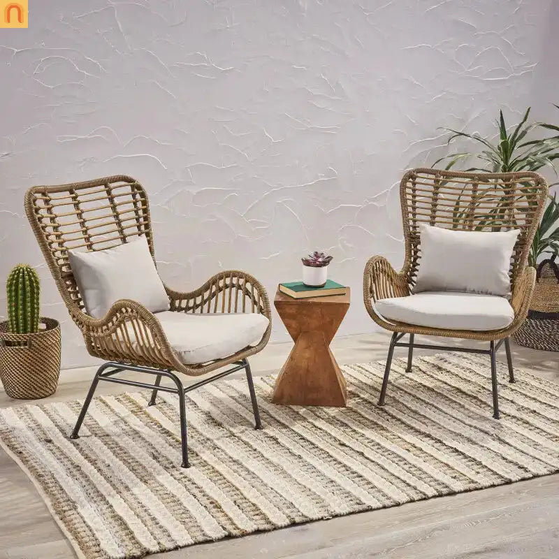 Accent Chair Modern Rattan Outdoor Beige Durable Weatherproof Metal Legs