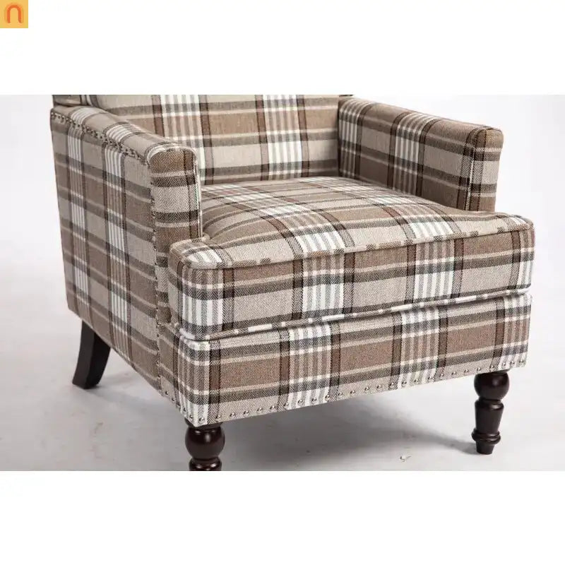 Accent Chair Vintage Style Linen Upholstered Brown Nailhead Trim for Living Room Decor